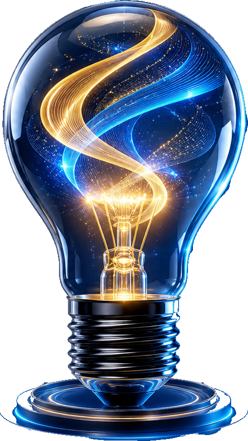 Illuminated innovation bulb with blue and gold energy